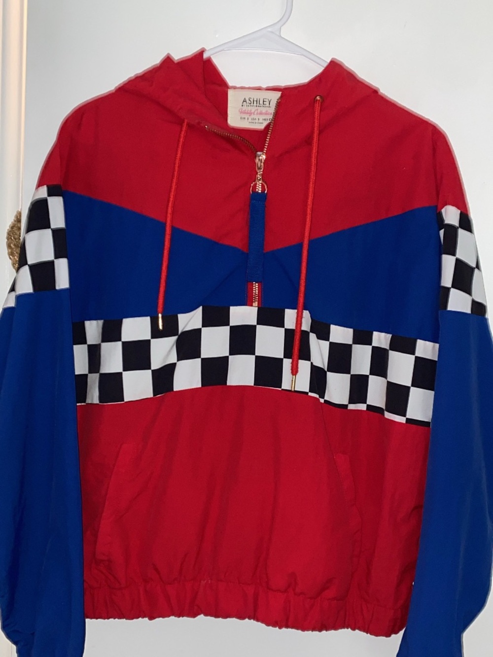 Ashley By 26 International Red & Blue Checkerboard Hooded Windbreaker Jacket